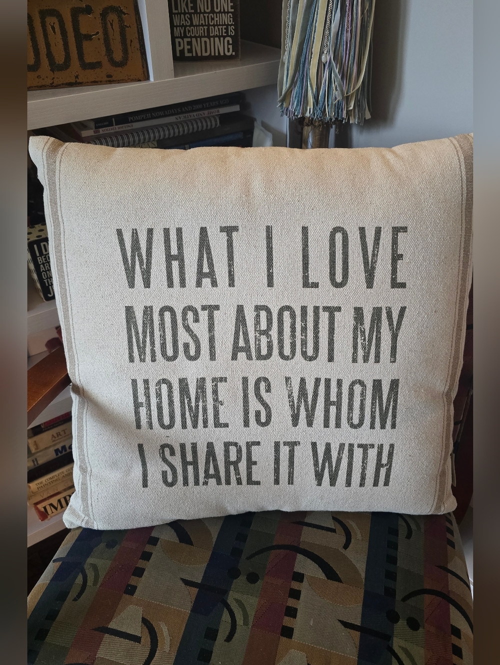 Primitives by Kathy Beige and Gray Text Accent Pillow 20x20